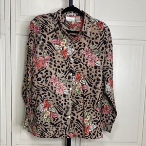 Vintage Women’s Studio Works Linen Button Up Shirt Floral Animal Print Sz L